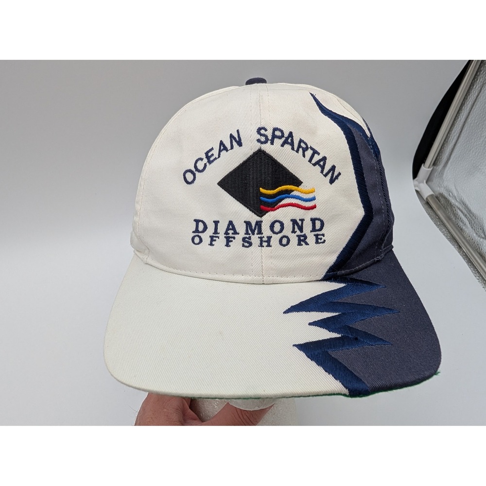 Vintage Ocean Spartan Diamond Offshore Hat Kati White Navy Blue Strapback Cap